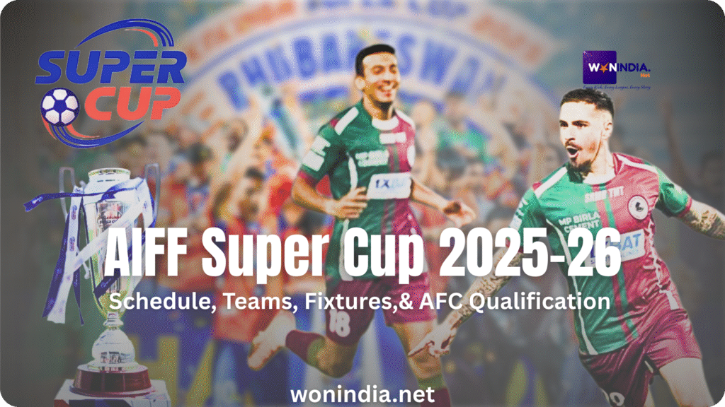 Schedule and results for the AIFF Super Cup 2025-26, featuring multiple fixtures listed for the tournament.