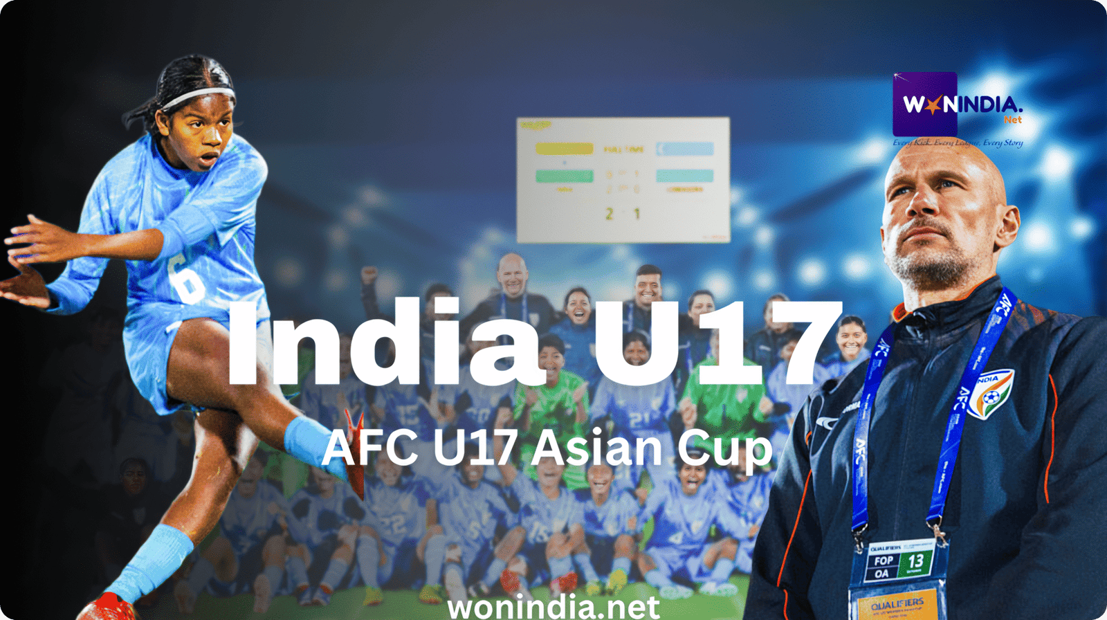 India U17 women's football player kicks the ball as coach looks on; AFC U17 Asian Cup branding and scoreboard visible in the background.