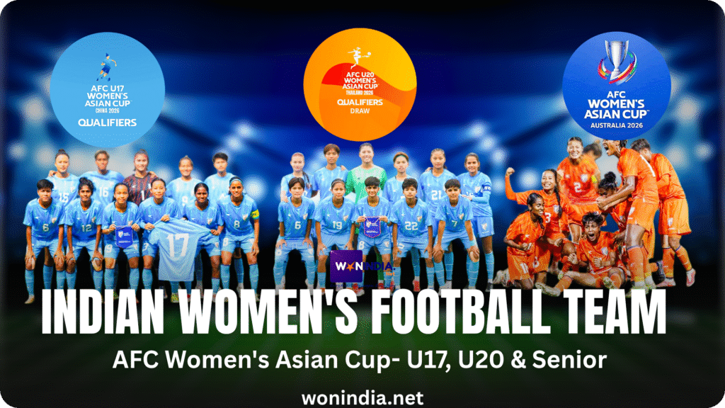 Indian women's football team celebrating a victory on the field, wearing blue jerseys and displaying team spirit. AFC Women's Asian Cup Qualification