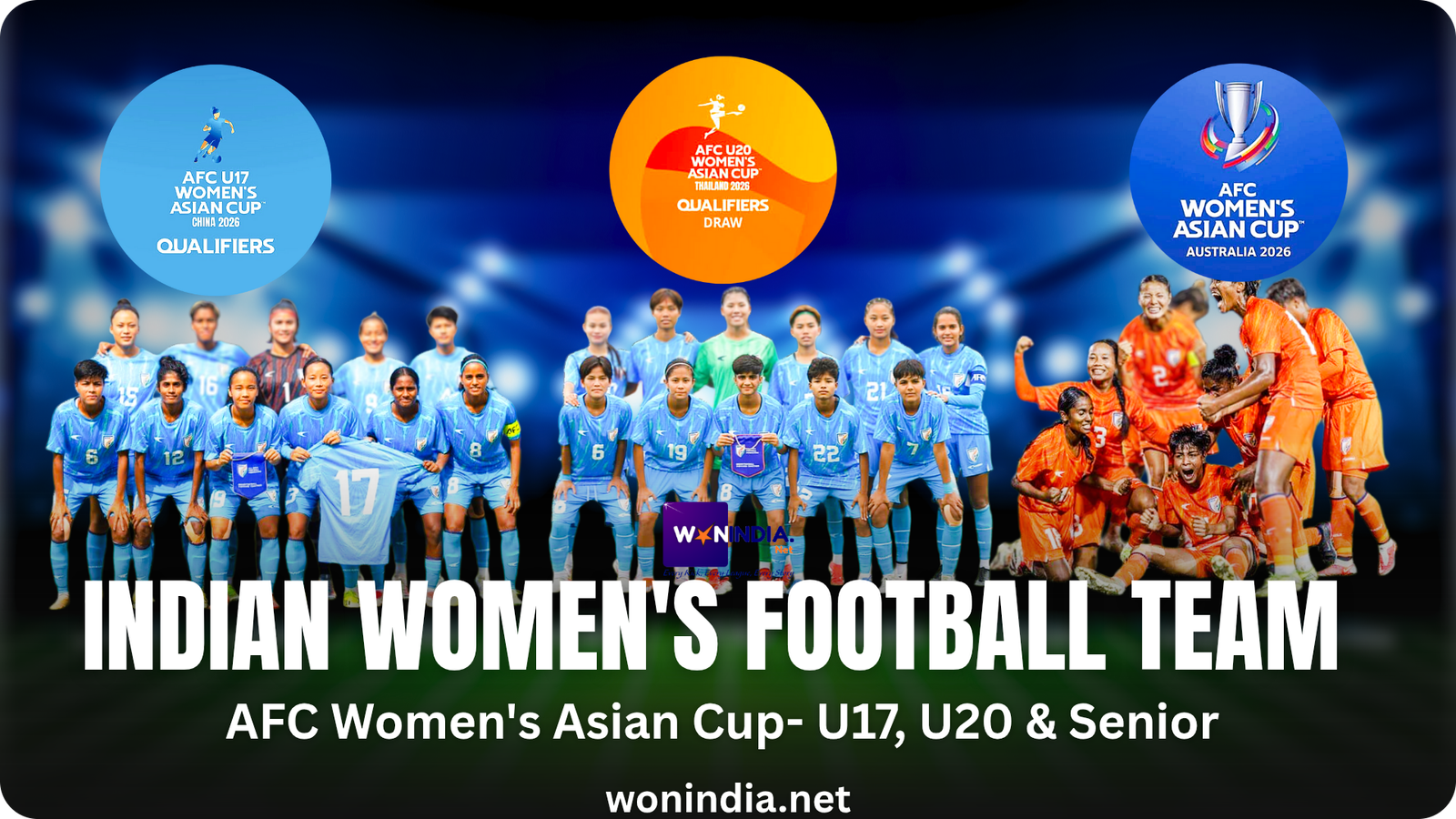 Indian women's football team celebrating a victory on the field, wearing blue jerseys and displaying team spirit. AFC Women's Asian Cup Qualification