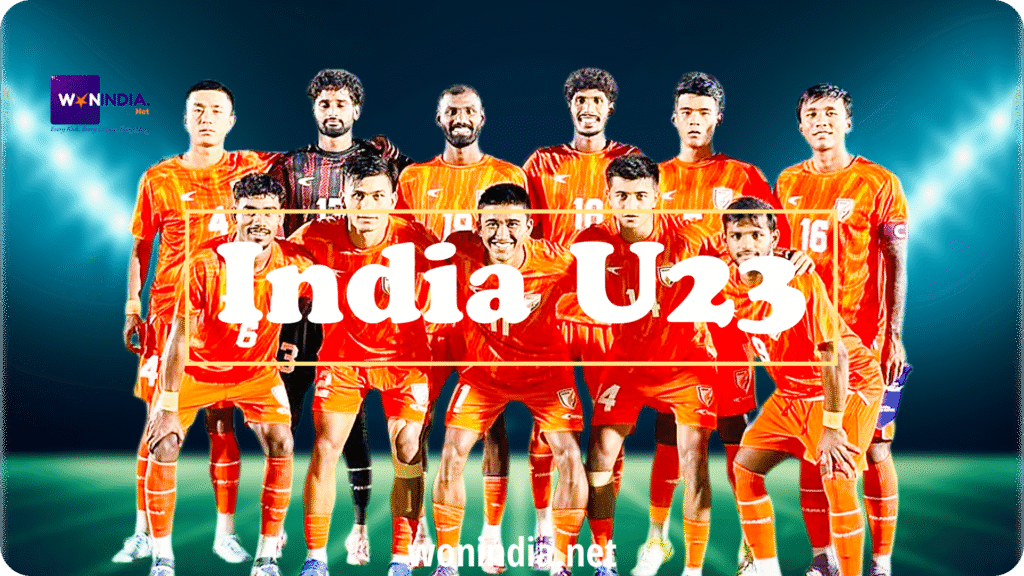 India U23 football team posing together in their jerseys, showcasing team spirit and unity before a match.