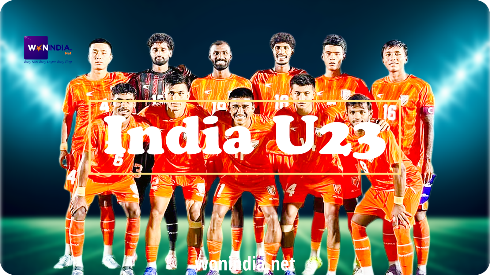India U23 football team posing together in their jerseys, showcasing team spirit and unity before a match.